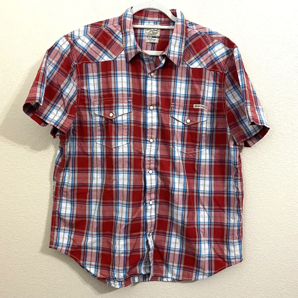 Lucky Brand Mens Shirt Size XL Western Cowboy Plaid Pearl Snap Short Sleeve Red